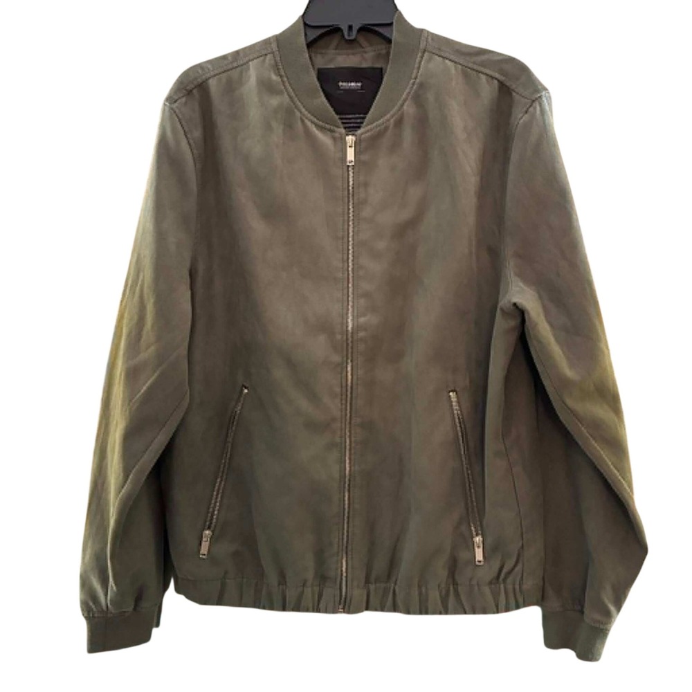 Pull&Bear Bomber Jacket Mens L Olive Green Faux Suede Zip Up Minimalist